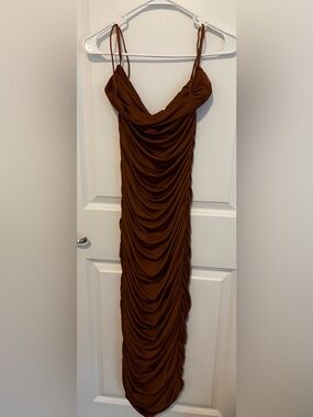 Ruched Spaghetti Strap Maxi Dress in Brown Sz L